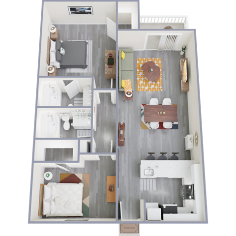 Floor plan for 2 beds, 2 baths, 936 sqft